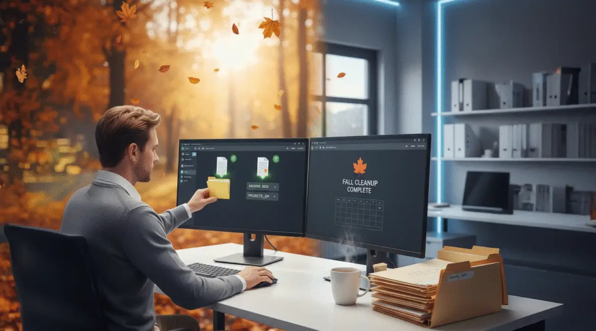Person sitting at desk with dual monitors and folders on tabletop in well-lit office with autumn colors in background.