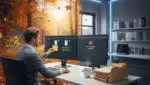 Person sitting at desk with dual monitors and folders on tabletop in well-lit office with autumn colors in background.