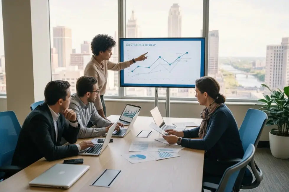 Four people seated at a conference table with laptops and papers in a bright office space