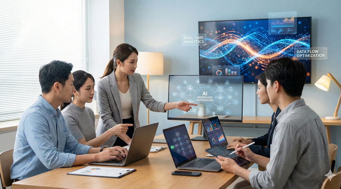 Four people gathered around a table with laptops and tablets in a bright modern office setting