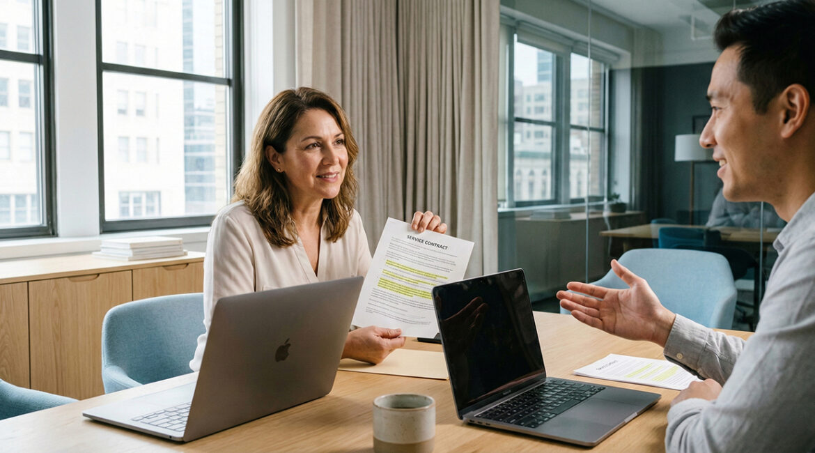 Two people seated at an office desk reviewing papers with a laptop and coffee cup nearby.