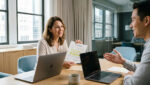 Two people seated at an office desk reviewing papers with a laptop and coffee cup nearby.