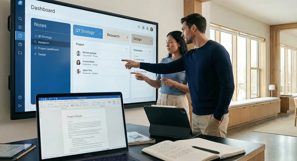 Two people seated at a shared desk with laptops and papers in a bright office space