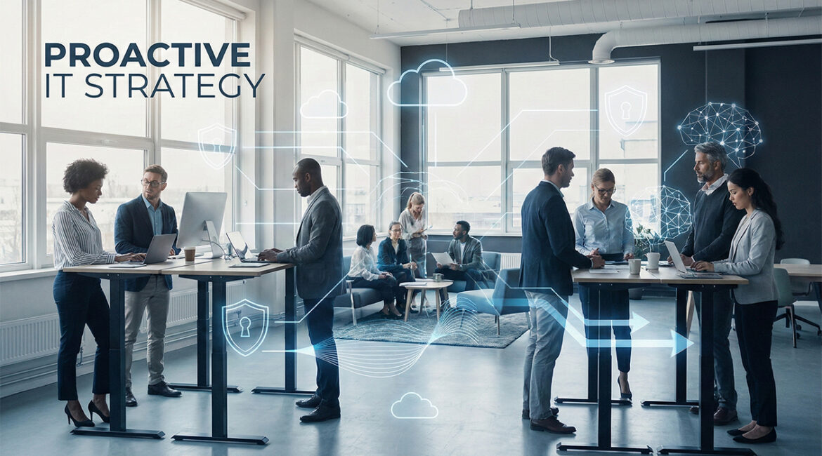 Modern office workspace overlaid with abstract digital graphics representing cloud computing, cybersecurity, and AI data flows, illustrating a proactive IT strategy.
